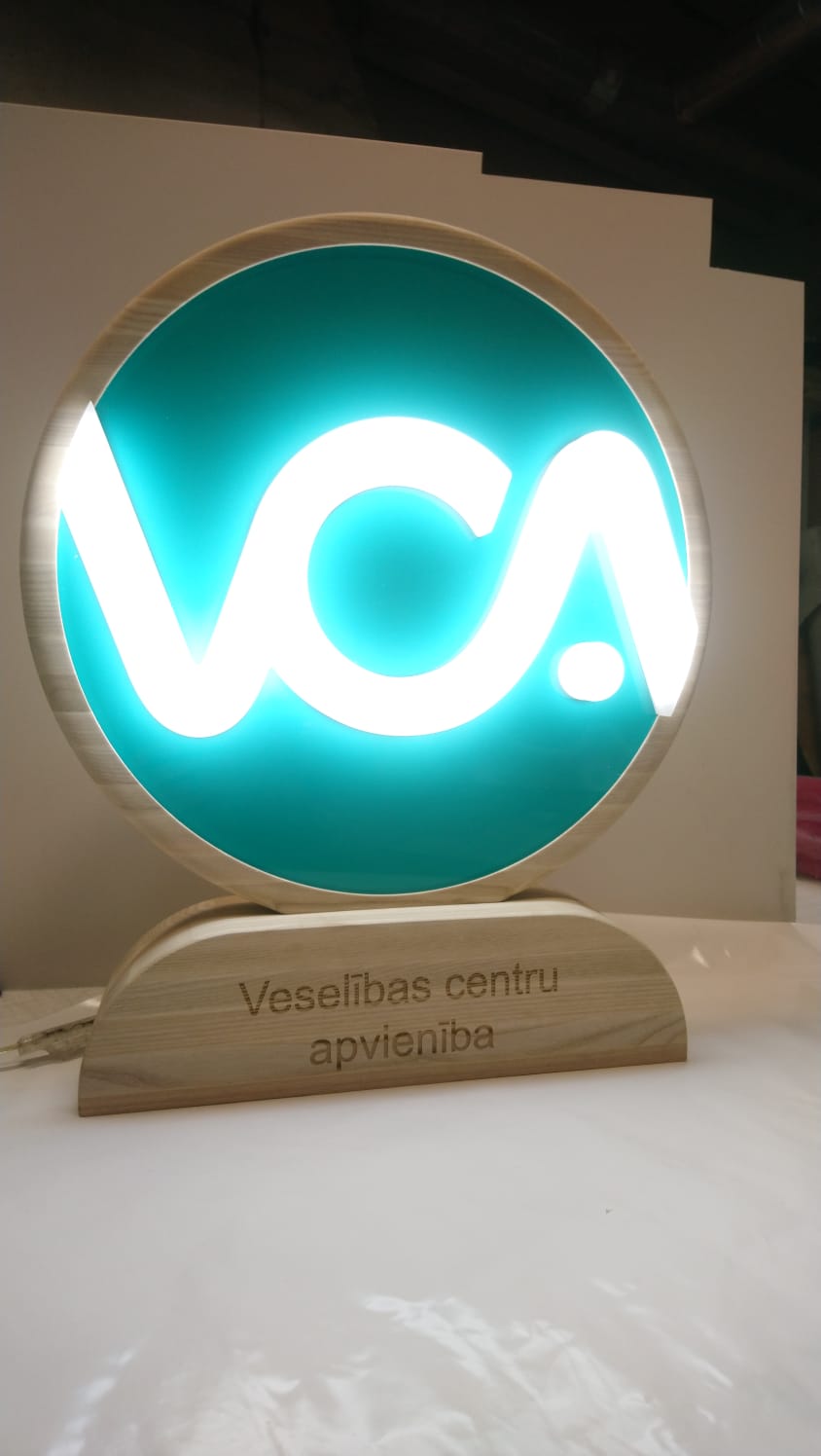 Illuminated wood and acrylic award sign for VCA